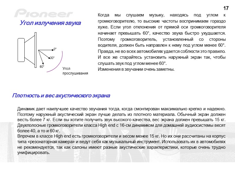 17 Угол излучения звука 0° 30° 60° Угол прослушивания Когда мы слушаем музыку, находясь